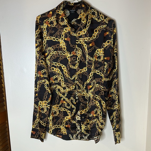 New Marciano logo guess gold chain printed long sleeve collar button blouse S - Picture 5 of 9